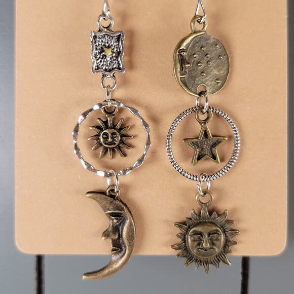 Sun Moon Star Dangle Earrings Celestial Bronze Silver Tone Drop Boho Jewelry - Picture 9 of 10